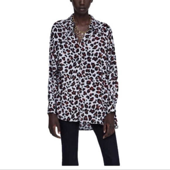 𝅺zara Basic Black Animal Print Long Sleeve Button Down Red Tunic Blouse Top XS - Picture 1 of 11